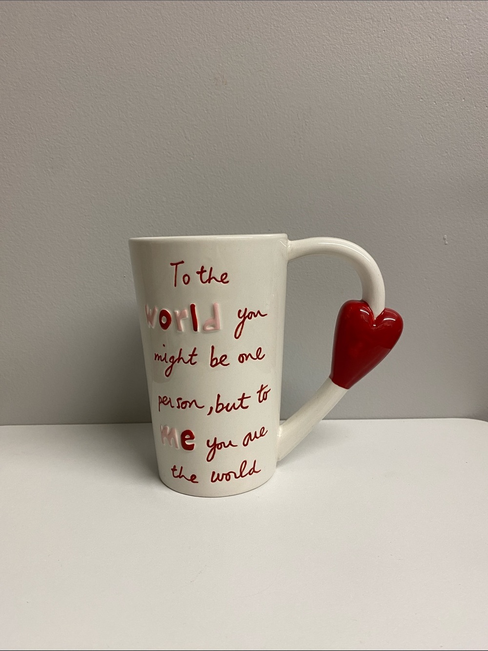 White Ceramic Heart-Handle Mug with Red Accents